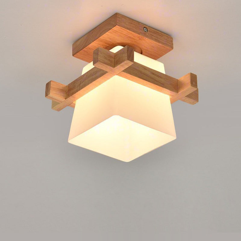 Abat-jour en verre trapézoïdal chinois traditionnel Bois Plafonnier semi-encastré 1 lumière pour chambre 