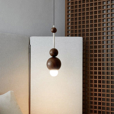 Suspension Contemporaine Rétro en Fer, Bois et Verre avec Abat-jour Sphérique à 1 Lumière pour Salon 