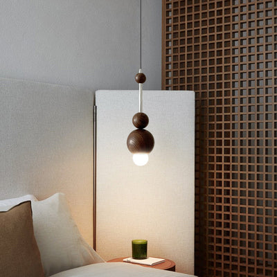 Suspension Contemporaine Rétro en Fer, Bois et Verre avec Abat-jour Sphérique à 1 Lumière pour Salon 