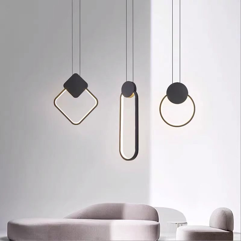 Modern Minimalist Round Square Oval Iron Shape Linear LED Pendant Light For Bedroom