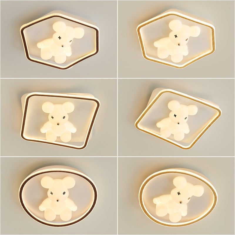 Contemporary Creative Kids Cartoon Bear Round Square Polygon Shape Aluminum PE LED Semi-Flush Mount Ceiling Light For Living Room
