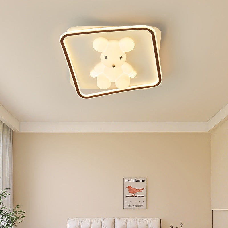 Contemporary Creative Kids Cartoon Bear Round Square Polygon Shape Aluminum PE LED Semi-Flush Mount Ceiling Light For Living Room