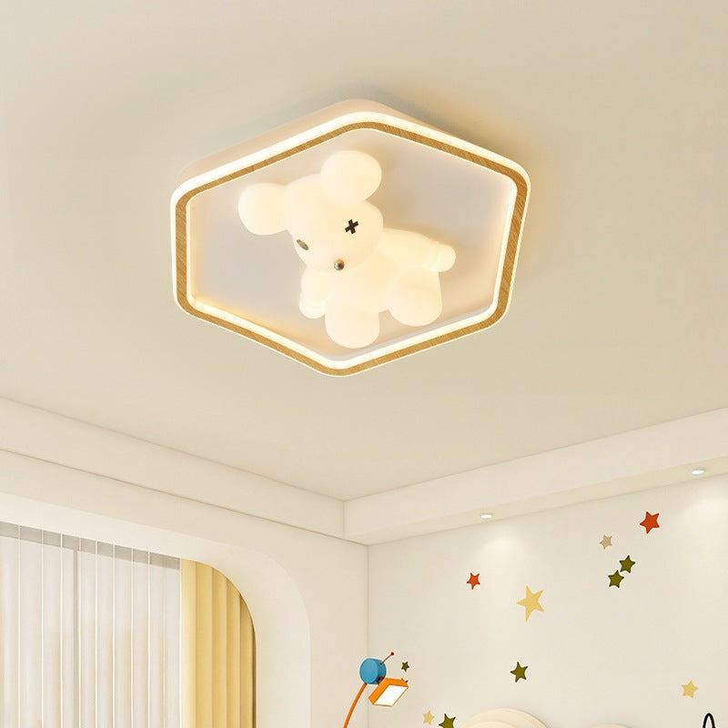 Contemporary Creative Kids Cartoon Bear Round Square Polygon Shape Aluminum PE LED Semi-Flush Mount Ceiling Light For Living Room