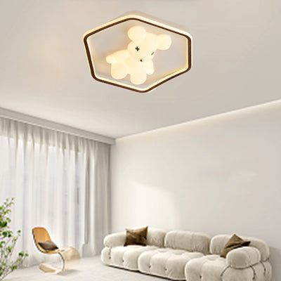 Contemporary Creative Kids Cartoon Bear Round Square Polygon Shape Aluminum PE LED Semi-Flush Mount Ceiling Light For Living Room