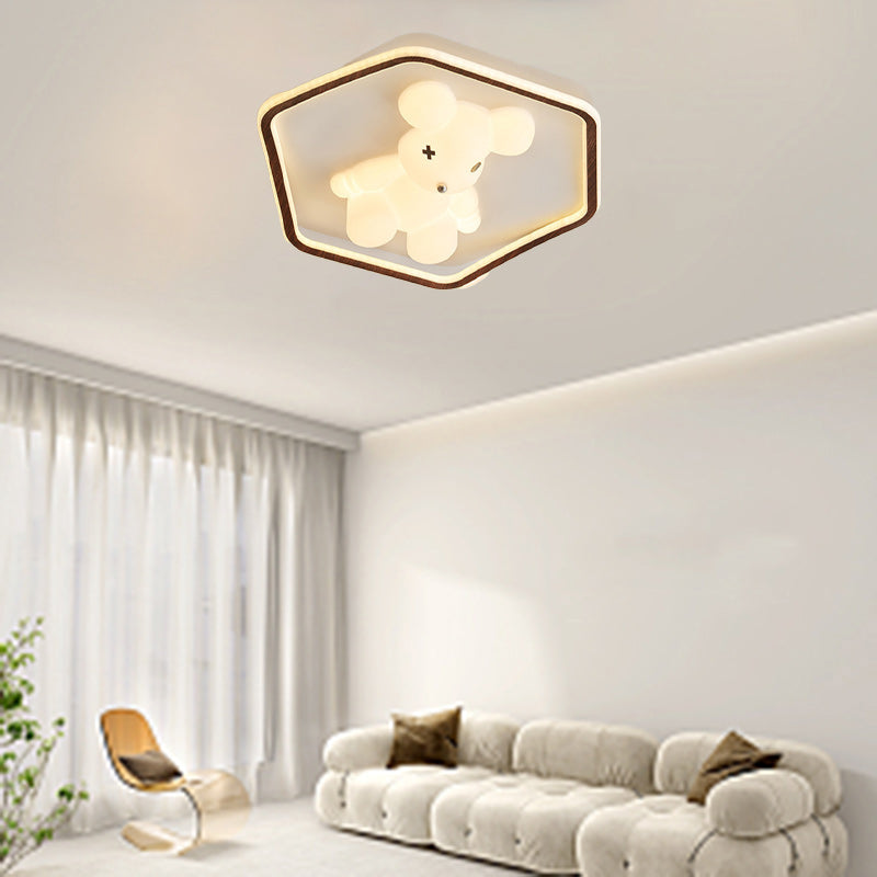 Contemporary Creative Kids Cartoon Bear Round Square Polygon Shape Aluminum PE LED Semi-Flush Mount Ceiling Light For Living Room