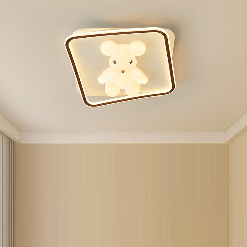 Contemporary Creative Kids Cartoon Bear Round Square Polygon Shape Aluminum PE LED Semi-Flush Mount Ceiling Light For Living Room