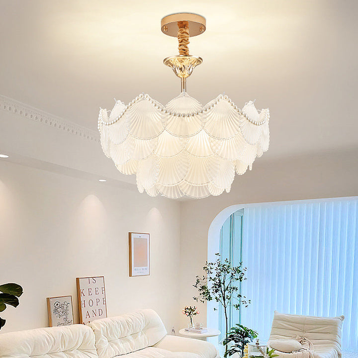 Traditioneller französischer Kronleuchter mit rundem Sockel, Muschelperlen, mattiertem Glas und Eisen, 5/7/9/12/21/8-Licht für Wohnzimmer 
