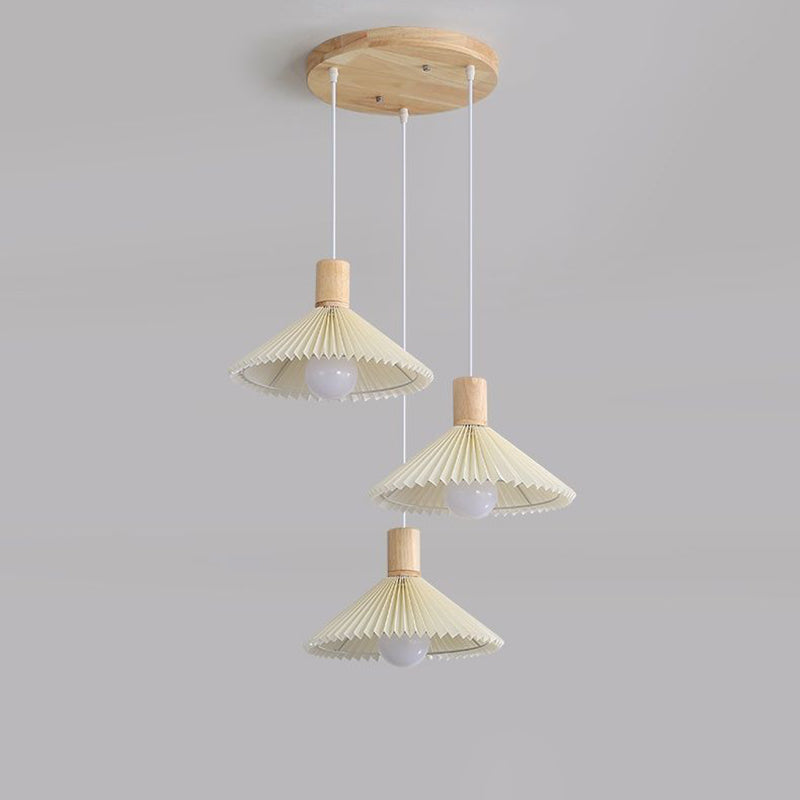Lustres contemporains nordiques ronds longs en tissu plissé conique en bois à 3 lumières pour salon 