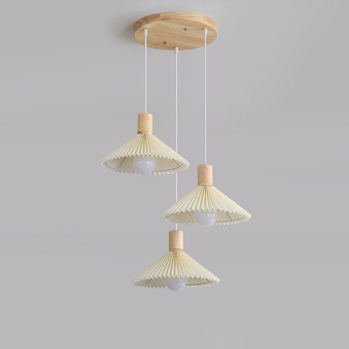 Lustres contemporains nordiques ronds longs en tissu plissé conique en bois à 3 lumières pour salon 