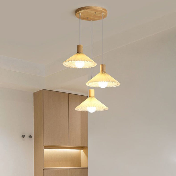 Lustres contemporains nordiques ronds longs en tissu plissé conique en bois à 3 lumières pour salon 