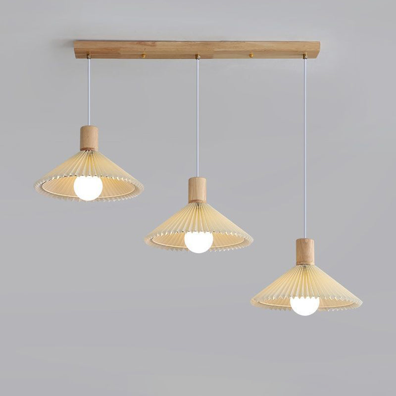 Lustres contemporains nordiques ronds longs en tissu plissé conique en bois à 3 lumières pour salon 