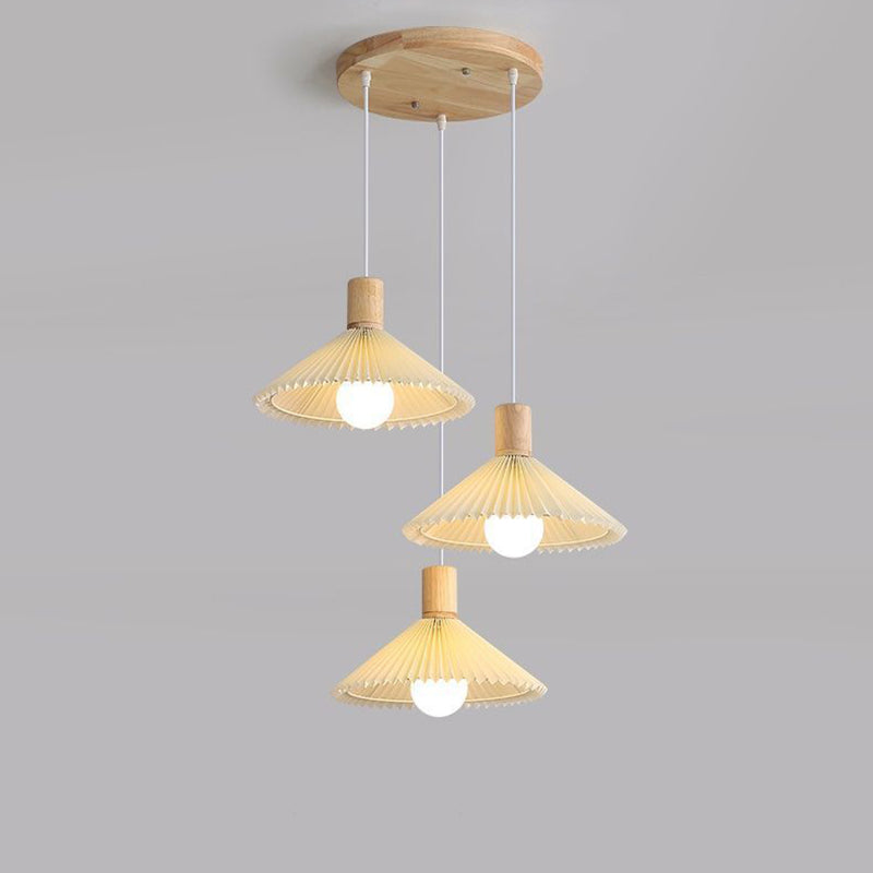 Lustres contemporains nordiques ronds longs en tissu plissé conique en bois à 3 lumières pour salon 