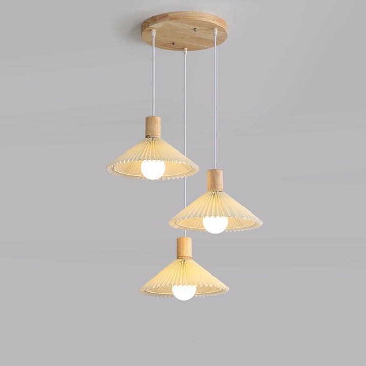 Lustres contemporains nordiques ronds longs en tissu plissé conique en bois à 3 lumières pour salon 