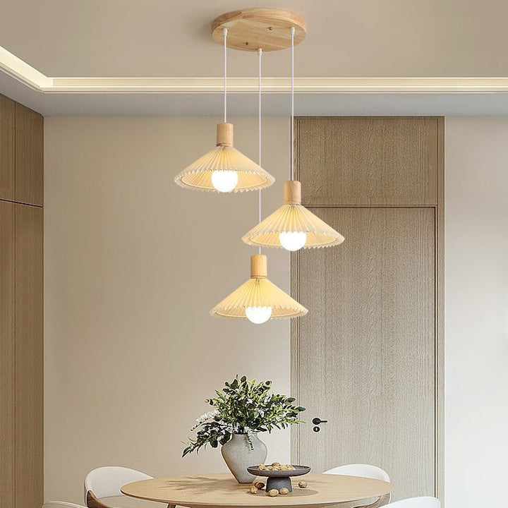 Lustres contemporains nordiques ronds longs en tissu plissé conique en bois à 3 lumières pour salon 