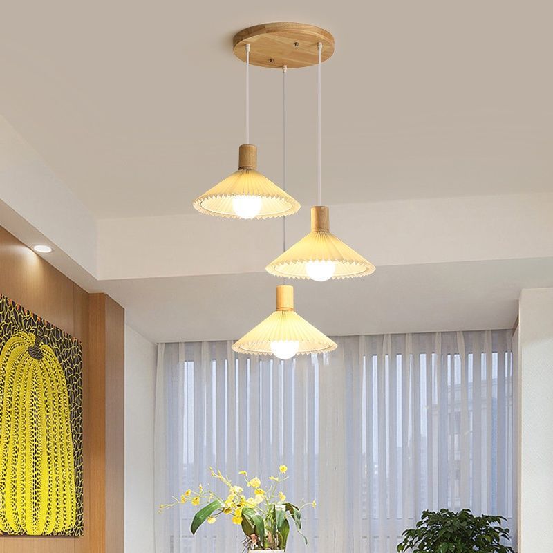 Lustres contemporains nordiques ronds longs en tissu plissé conique en bois à 3 lumières pour salon 