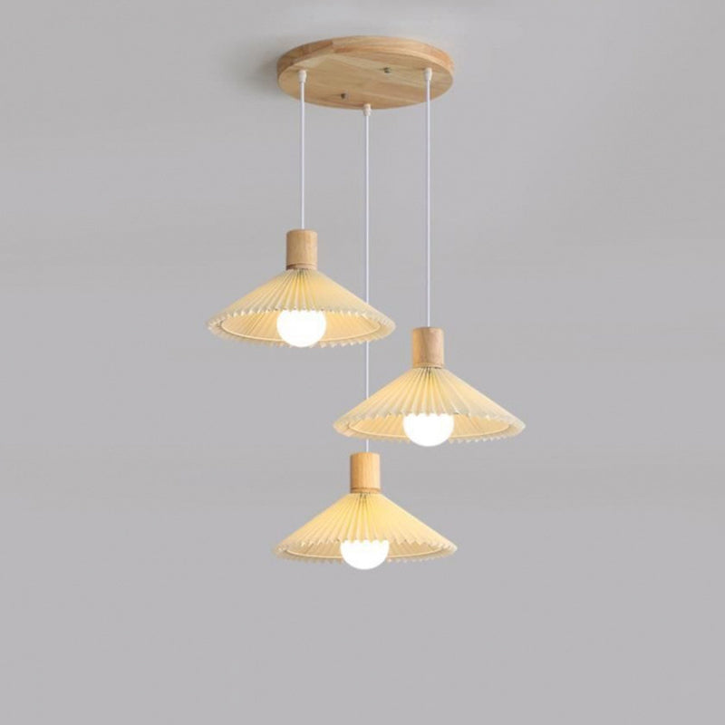 Lustres contemporains nordiques ronds longs en tissu plissé conique en bois à 3 lumières pour salon 