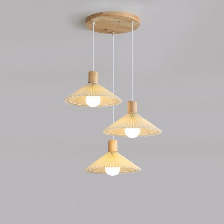 Lustres contemporains nordiques ronds longs en tissu plissé conique en bois à 3 lumières pour salon 