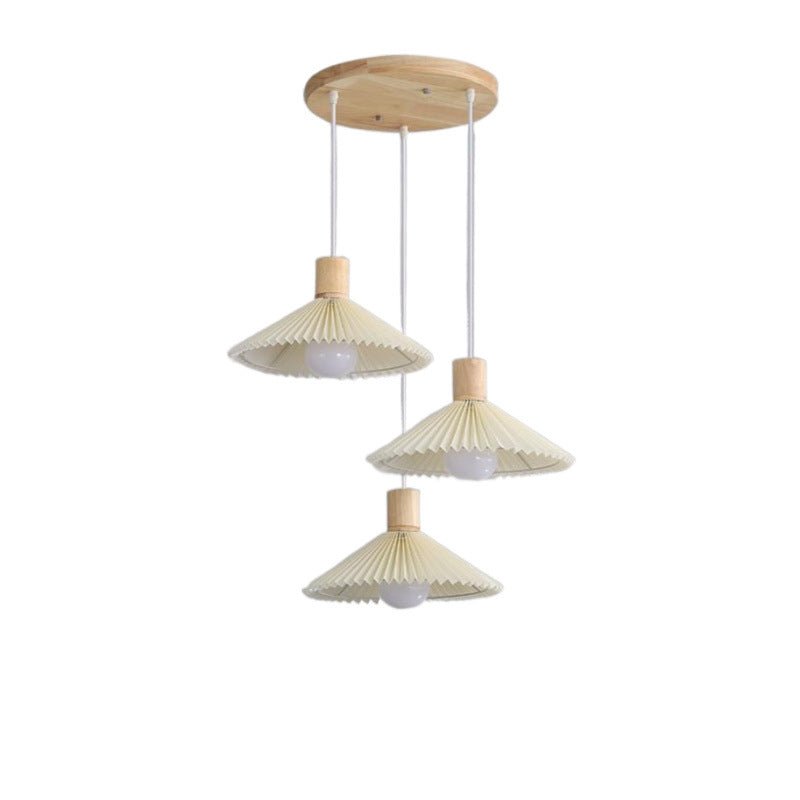 Lustres contemporains nordiques ronds longs en tissu plissé conique en bois à 3 lumières pour salon 