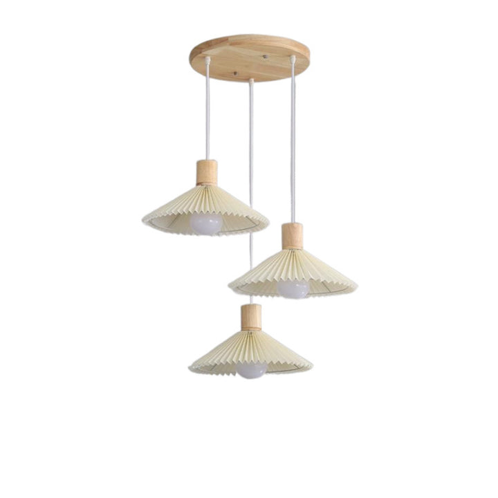 Lustres contemporains nordiques ronds longs en tissu plissé conique en bois à 3 lumières pour salon 