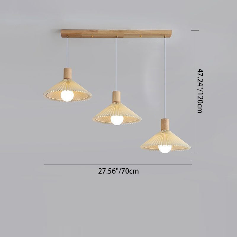 Lustres contemporains nordiques ronds longs en tissu plissé conique en bois à 3 lumières pour salon 