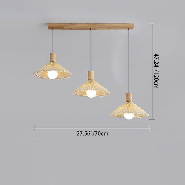 Lustres contemporains nordiques ronds longs en tissu plissé conique en bois à 3 lumières pour salon 