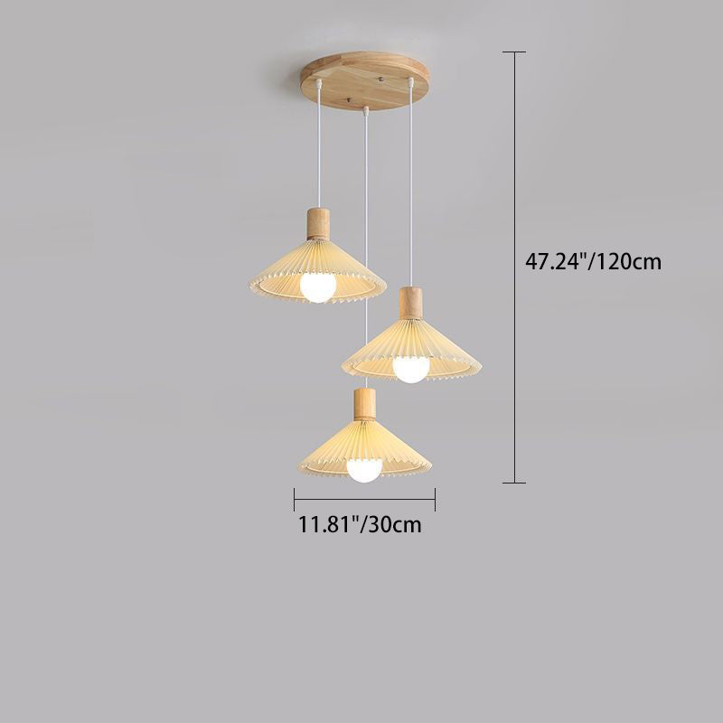 Lustres contemporains nordiques ronds longs en tissu plissé conique en bois à 3 lumières pour salon 