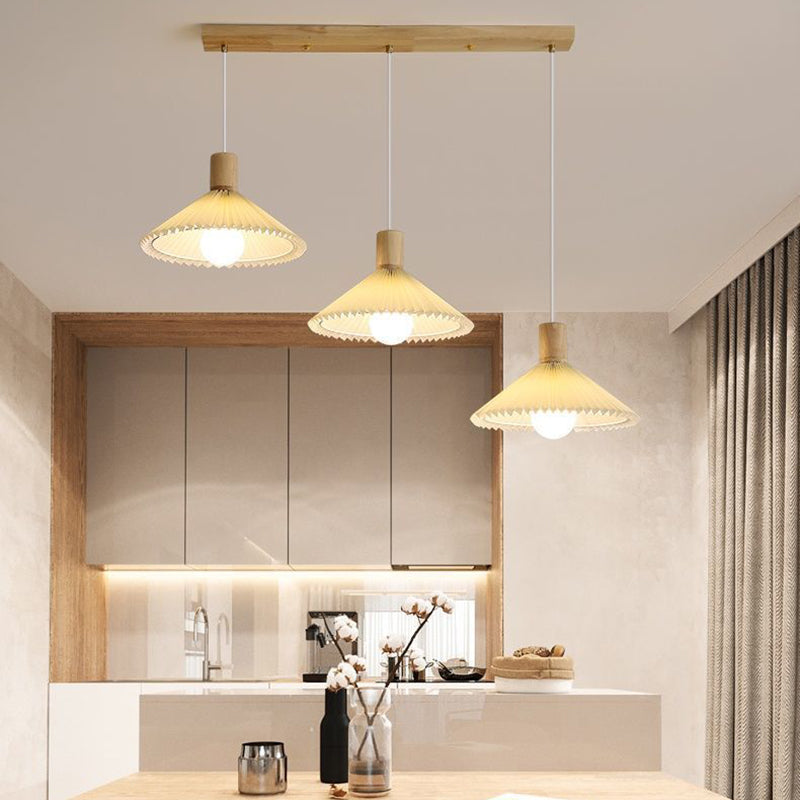 Lustres contemporains nordiques ronds longs en tissu plissé conique en bois à 3 lumières pour salon 