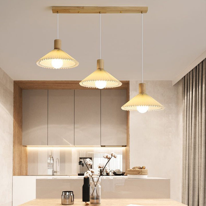 Lustres contemporains nordiques ronds longs en tissu plissé conique en bois à 3 lumières pour salon 