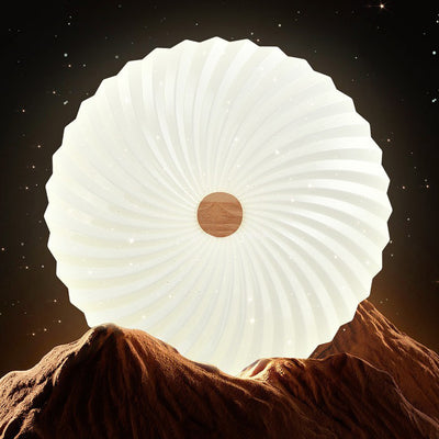 Traditional Japanese Round Pleated Acrylic Shade Wood LED Flush Mount Ceiling Light For Living Room