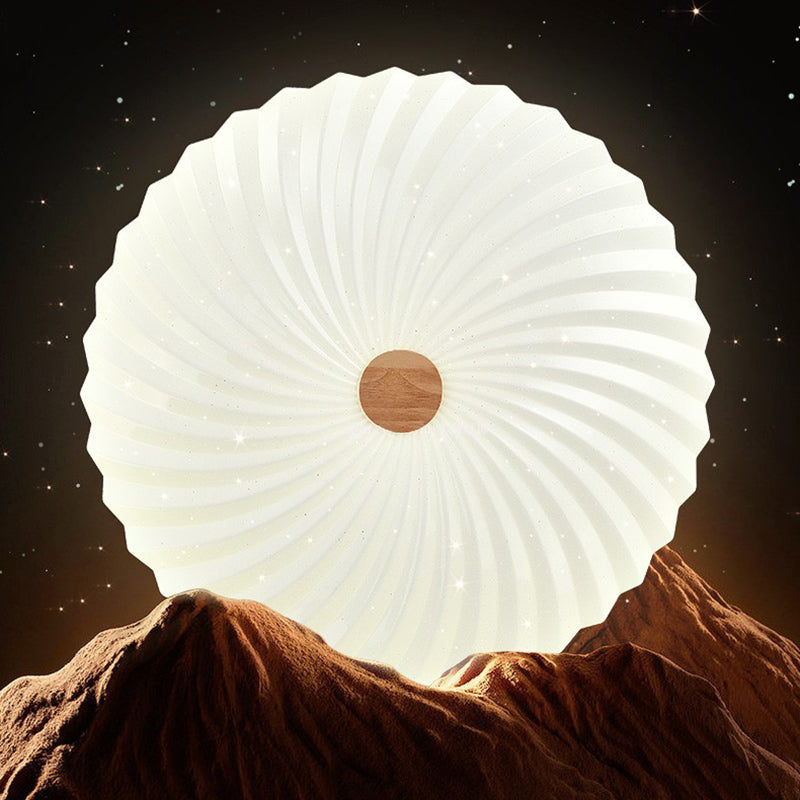Traditional Japanese Round Pleated Acrylic Shade Wood LED Flush Mount Ceiling Light For Living Room