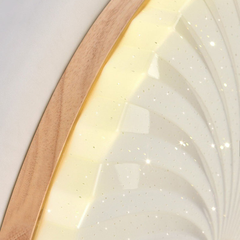 Traditional Japanese Round Pleated Acrylic Shade Wood LED Flush Mount Ceiling Light For Living Room