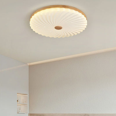 Traditional Japanese Round Pleated Acrylic Shade Wood LED Flush Mount Ceiling Light For Living Room