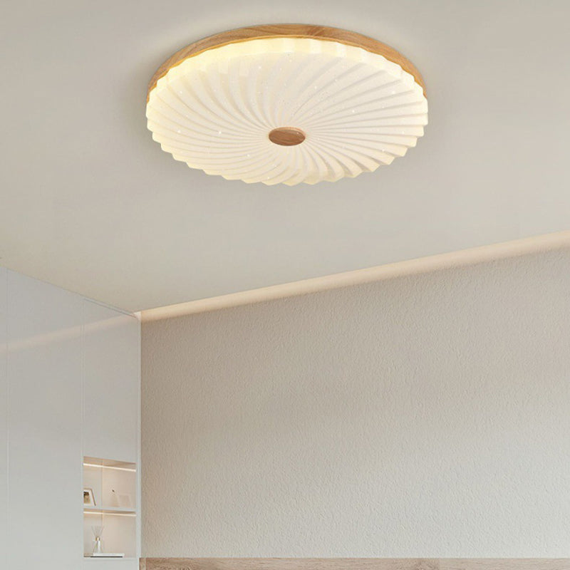 Traditional Japanese Round Pleated Acrylic Shade Wood LED Flush Mount Ceiling Light For Living Room