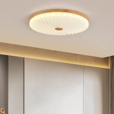 Traditional Japanese Round Pleated Acrylic Shade Wood LED Flush Mount Ceiling Light For Living Room