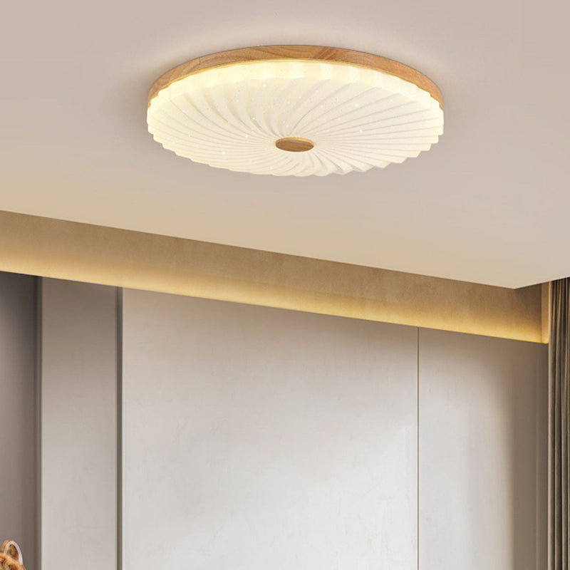 Traditional Japanese Round Pleated Acrylic Shade Wood LED Flush Mount Ceiling Light For Living Room