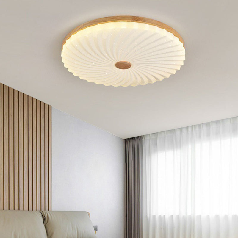 Traditional Japanese Round Pleated Acrylic Shade Wood LED Flush Mount Ceiling Light For Living Room