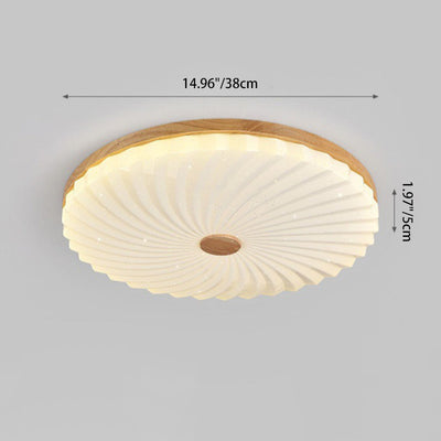 Traditional Japanese Round Pleated Acrylic Shade Wood LED Flush Mount Ceiling Light For Living Room