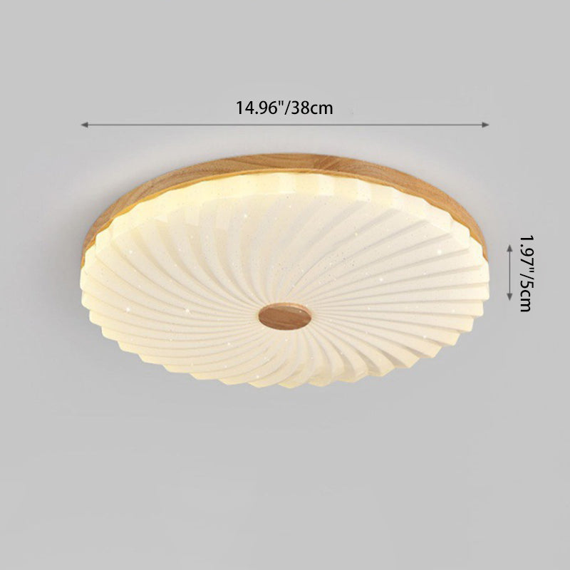 Traditional Japanese Round Pleated Acrylic Shade Wood LED Flush Mount Ceiling Light For Living Room