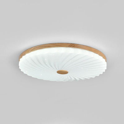 Traditional Japanese Round Pleated Acrylic Shade Wood LED Flush Mount Ceiling Light For Living Room