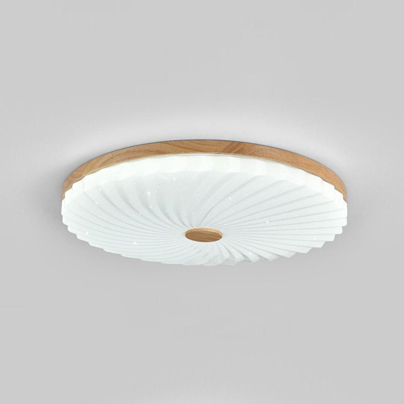 Traditional Japanese Round Pleated Acrylic Shade Wood LED Flush Mount Ceiling Light For Living Room