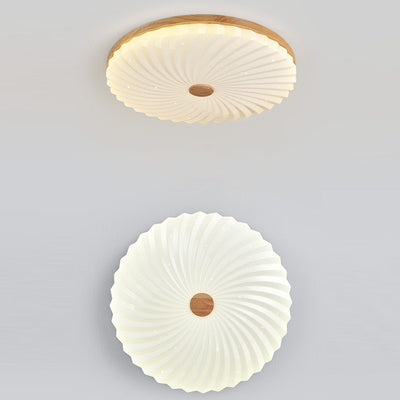 Traditional Japanese Round Pleated Acrylic Shade Wood LED Flush Mount Ceiling Light For Living Room