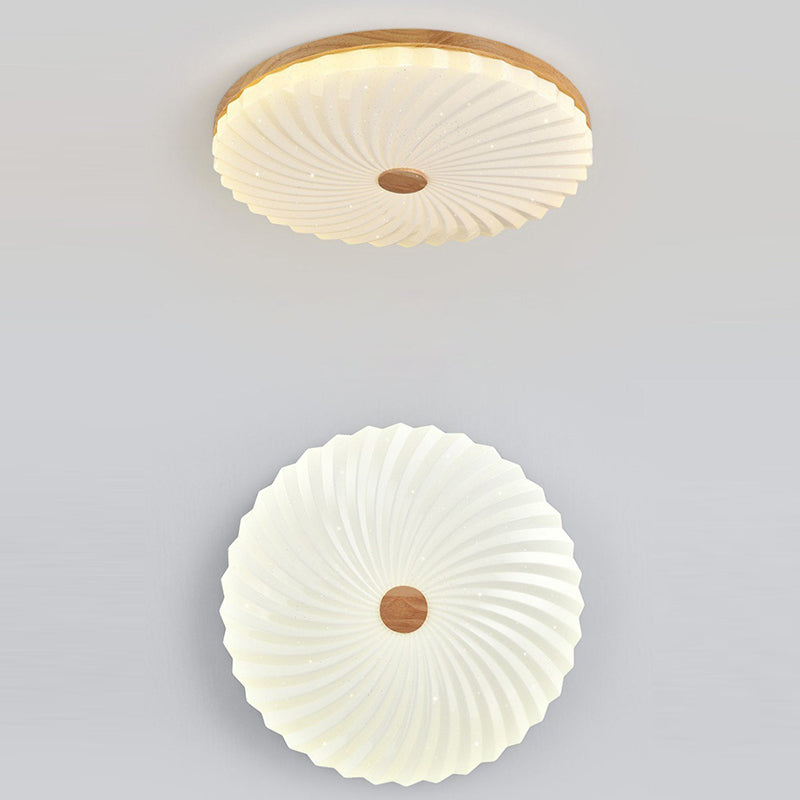 Traditional Japanese Round Pleated Acrylic Shade Wood LED Flush Mount Ceiling Light For Living Room