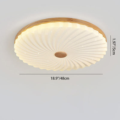 Traditional Japanese Round Pleated Acrylic Shade Wood LED Flush Mount Ceiling Light For Living Room