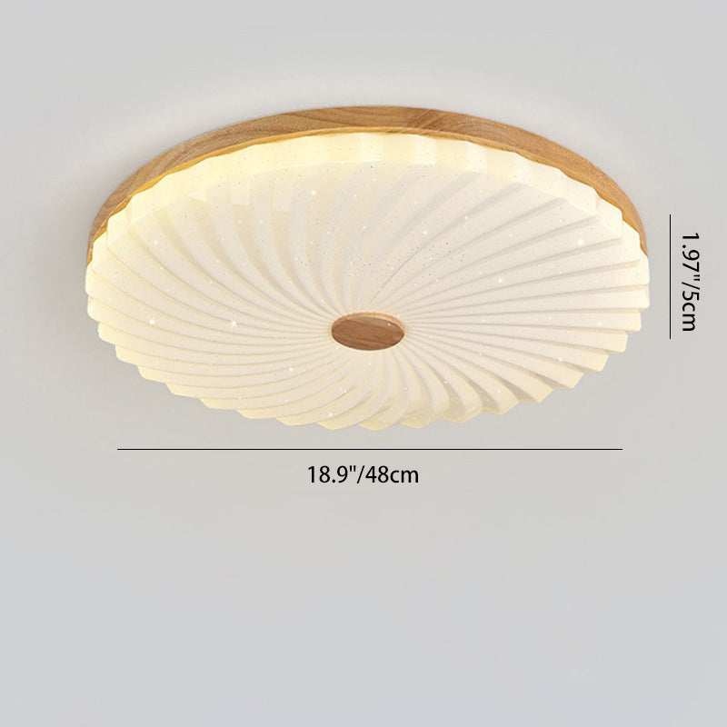 Traditional Japanese Round Pleated Acrylic Shade Wood LED Flush Mount Ceiling Light For Living Room