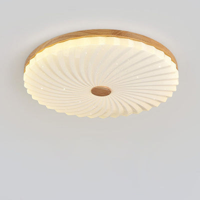 Traditional Japanese Round Pleated Acrylic Shade Wood LED Flush Mount Ceiling Light For Living Room