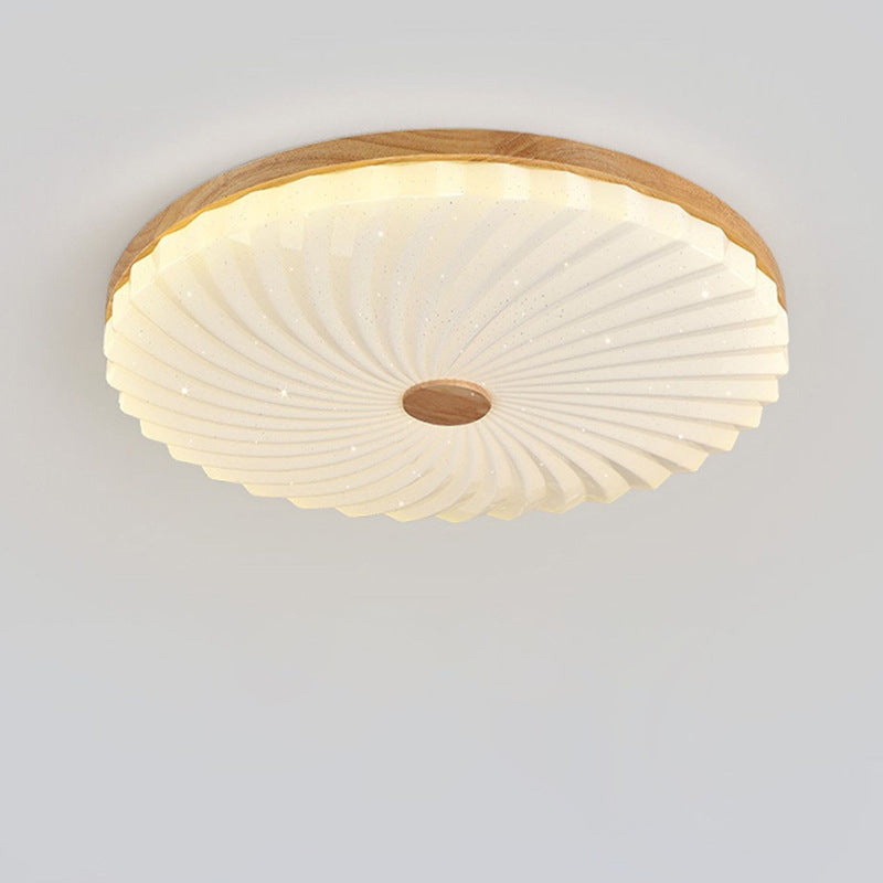 Traditional Japanese Round Pleated Acrylic Shade Wood LED Flush Mount Ceiling Light For Living Room