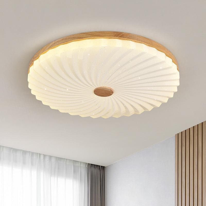Traditional Japanese Round Pleated Acrylic Shade Wood LED Flush Mount Ceiling Light For Living Room