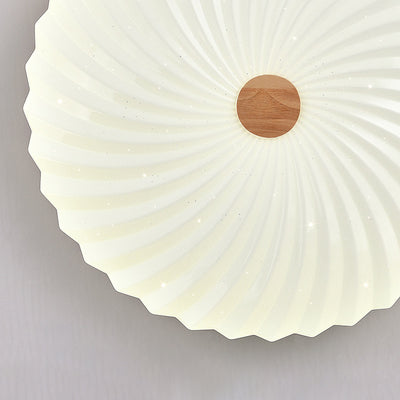 Traditional Japanese Round Pleated Acrylic Shade Wood LED Flush Mount Ceiling Light For Living Room