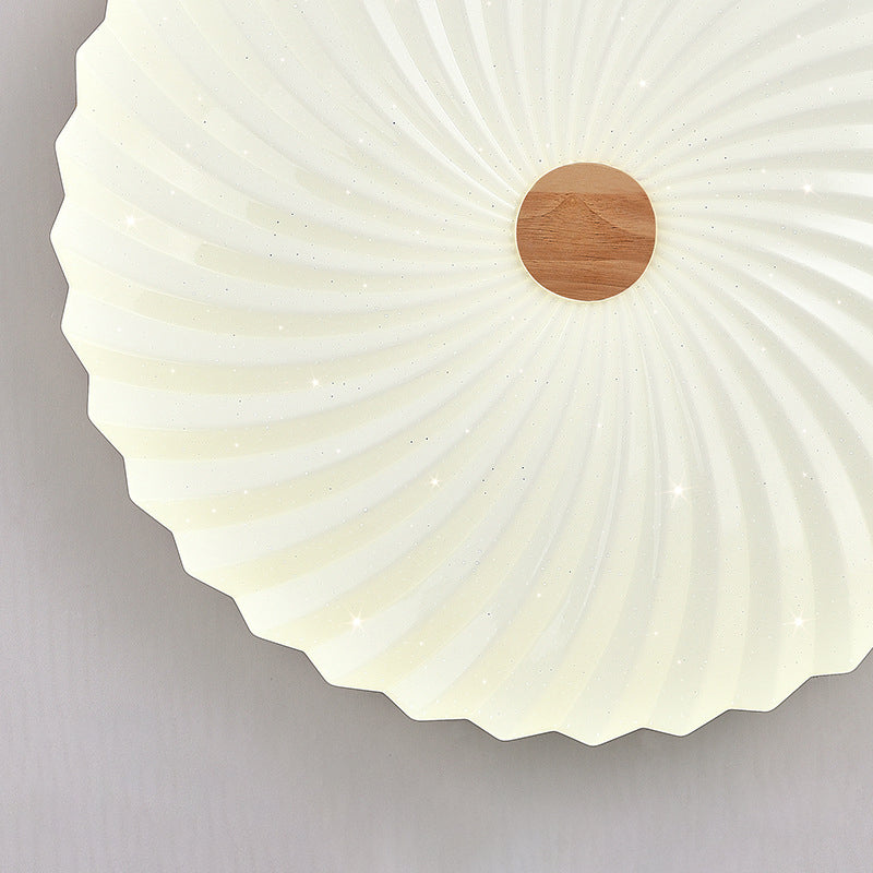 Traditional Japanese Round Pleated Acrylic Shade Wood LED Flush Mount Ceiling Light For Living Room
