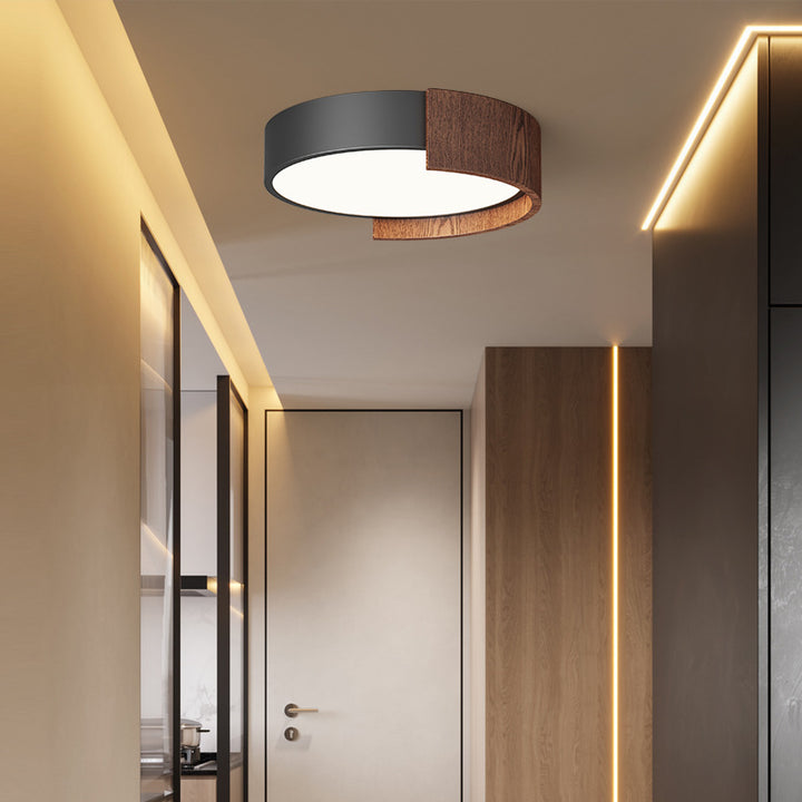 Traditionelle japanische rechteckige runde Holzmaserung Eisen Acryl LED Deckenleuchte für das Wohnzimmer 